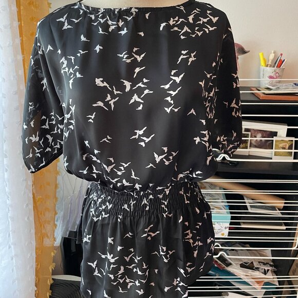 Xhilaration Flying Birds Smocked Waist Blouse X-Small - Women | Color: Black - Picture 1 of 6